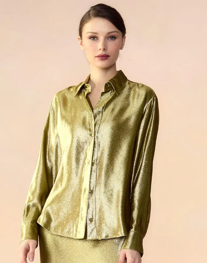 Women Cynthia Rowley Tops Liquid Gold Lam Shirt Green Women Cynthia Rowley Tops Liquid Gold Lam Shirt Green