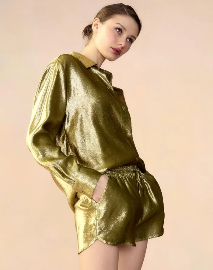 Women Cynthia Rowley Tops Liquid Gold Lam Shirt Green Women Cynthia Rowley Tops Liquid Gold Lam Shirt Green