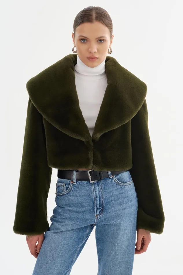 Women DANIKA Faux Fur Crop Jacket Dark Olive LAMARQUE Faux Fur