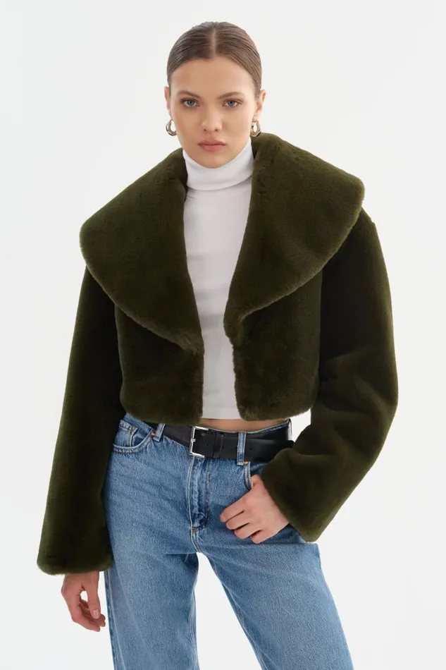 Women DANIKA Faux Fur Crop Jacket Dark Olive LAMARQUE Faux Fur Women DANIKA Faux Fur Crop Jacket Dark Olive LAMARQUE Faux Fur