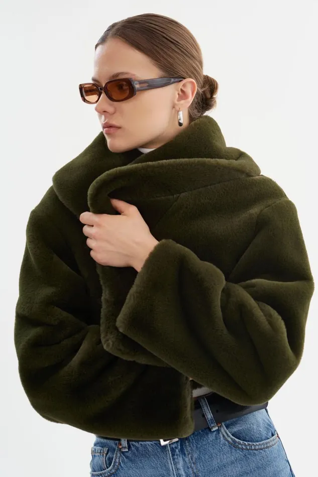Women DANIKA Faux Fur Crop Jacket Dark Olive LAMARQUE Faux Fur Women DANIKA Faux Fur Crop Jacket Dark Olive LAMARQUE Faux Fur