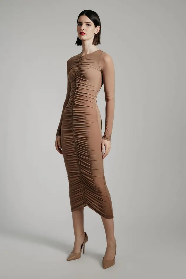 Women Day To Night Dresses Bardot Jaya Mesh Maxi Dress In Tan Tan