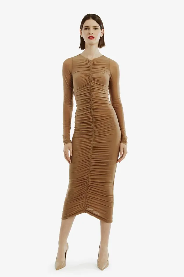 Women Day To Night Dresses Bardot Jaya Mesh Maxi Dress In Tan Tan
