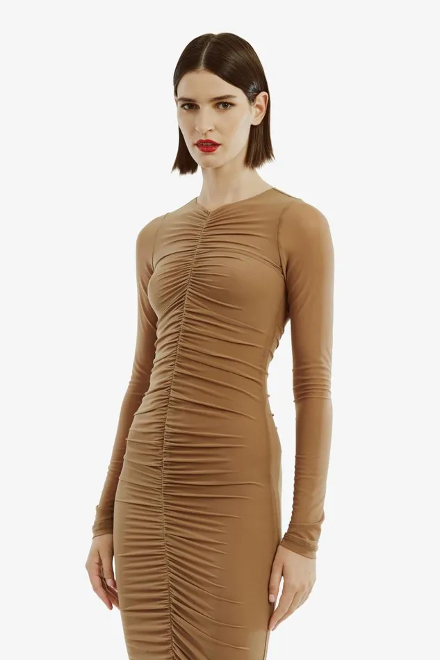 Women Day To Night Dresses Bardot Jaya Mesh Maxi Dress In Tan Tan