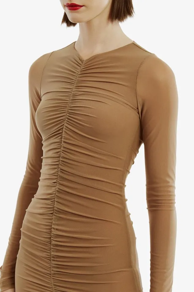Women Day To Night Dresses Bardot Jaya Mesh Maxi Dress In Tan Tan