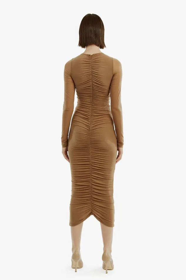 Women Day To Night Dresses Bardot Jaya Mesh Maxi Dress In Tan Tan
