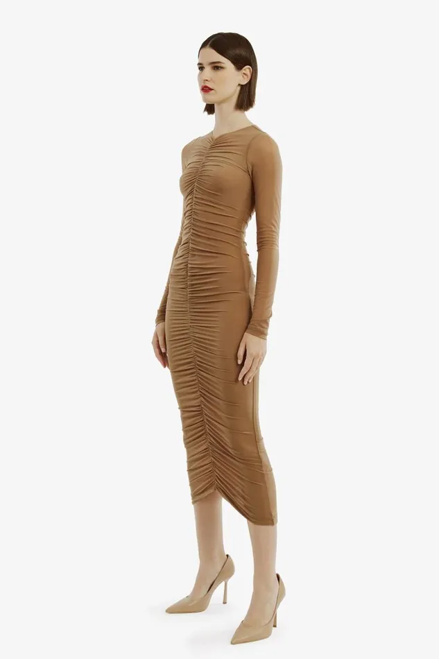 Women Day To Night Dresses Bardot Jaya Mesh Maxi Dress In Tan Tan