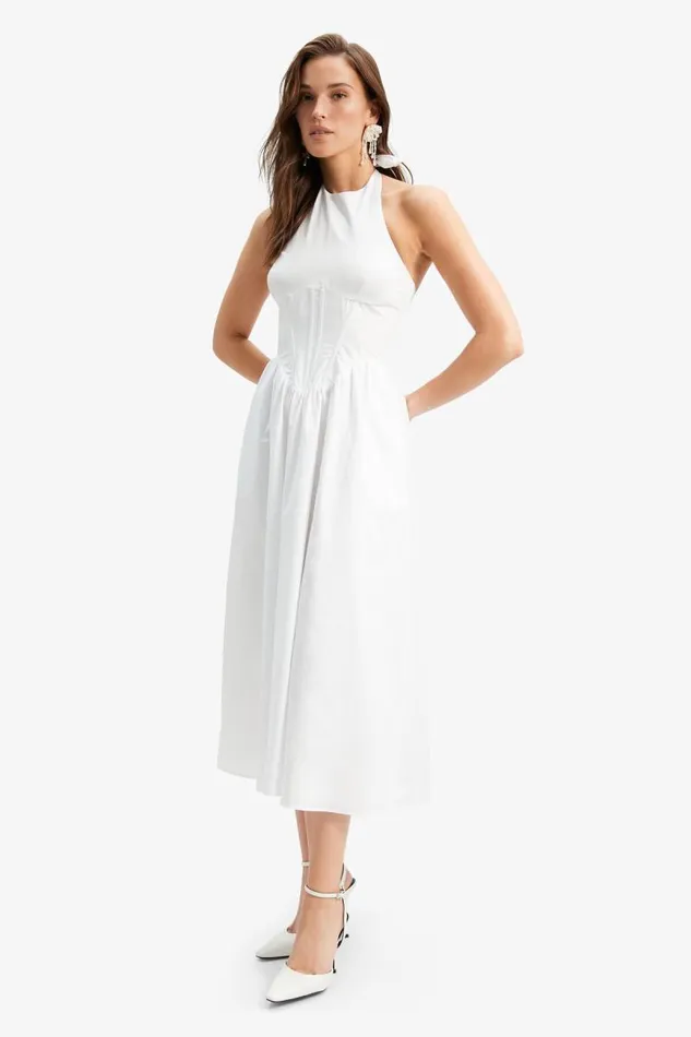 Women Day To Night Dresses Bardot Kylen Poplin Midi Dress In Orchid White Orchid White