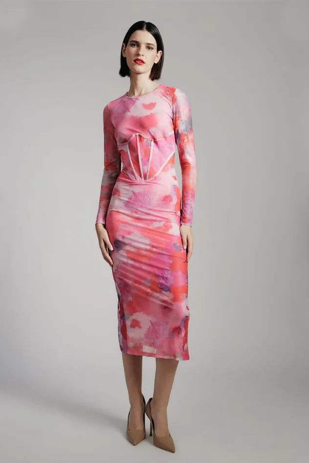 Women Day To Night Dresses Bardot Lena Mesh Midi Dress In Wildflower Wildflower
