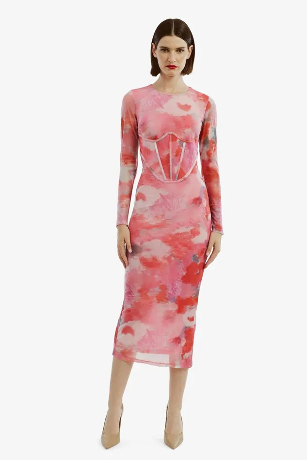 Women Day To Night Dresses Bardot Lena Mesh Midi Dress In Wildflower Wildflower