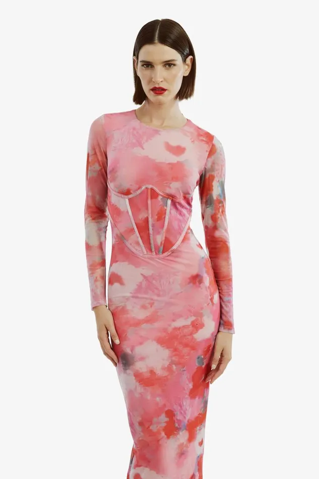 Women Day To Night Dresses Bardot Lena Mesh Midi Dress In Wildflower Wildflower