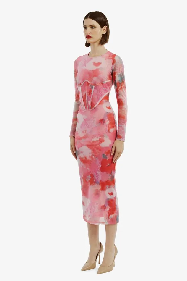 Women Day To Night Dresses Bardot Lena Mesh Midi Dress In Wildflower Wildflower