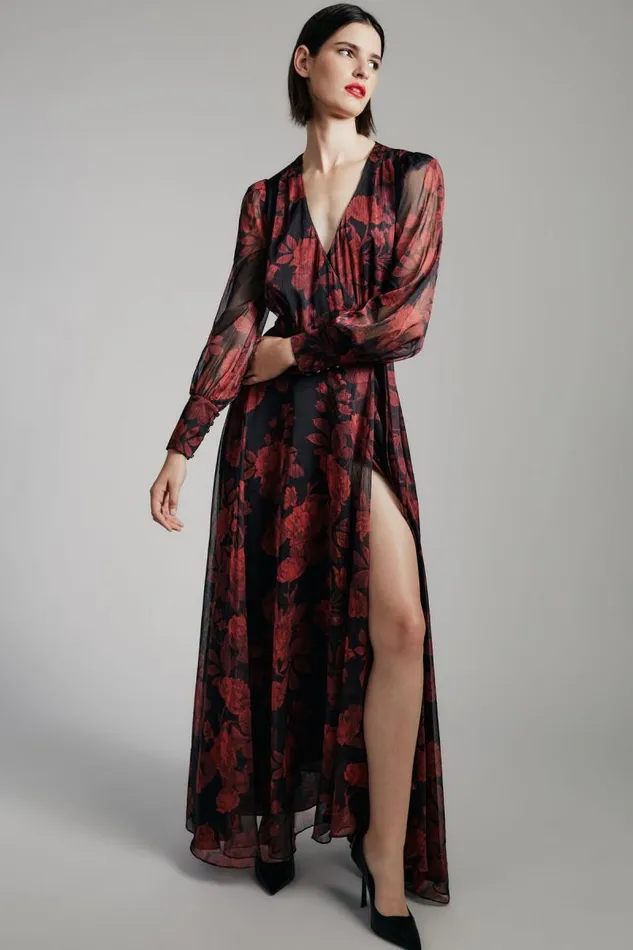 Women Day To Night Dresses Bardot Lucianna Maxi Wrap Dress In Red Floral Red Floral