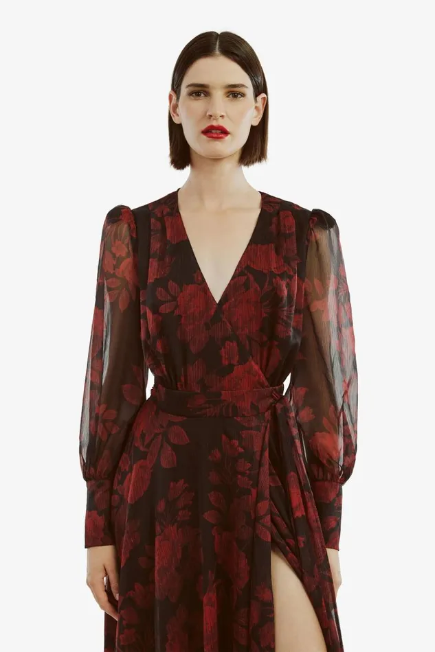 Women Day To Night Dresses Bardot Lucianna Maxi Wrap Dress In Red Floral Red Floral Women Day To Night Dresses Bardot Lucianna Maxi Wrap Dress In Red Floral Red Floral