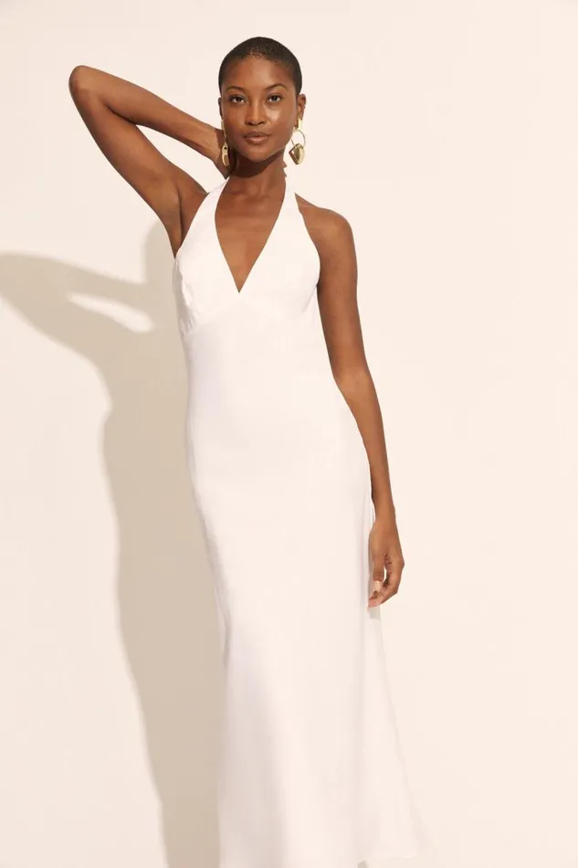 Women Day To Night Dresses Bardot Paola Halter Linen Midi Dress In Orchid White Orchid White