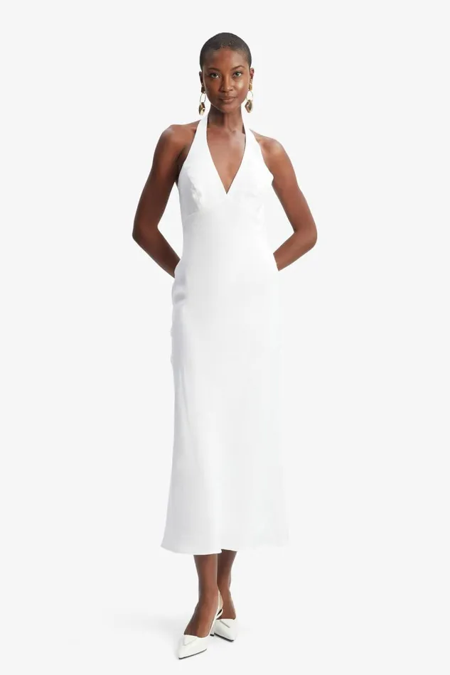 Women Day To Night Dresses Bardot Paola Halter Linen Midi Dress In Orchid White Orchid White