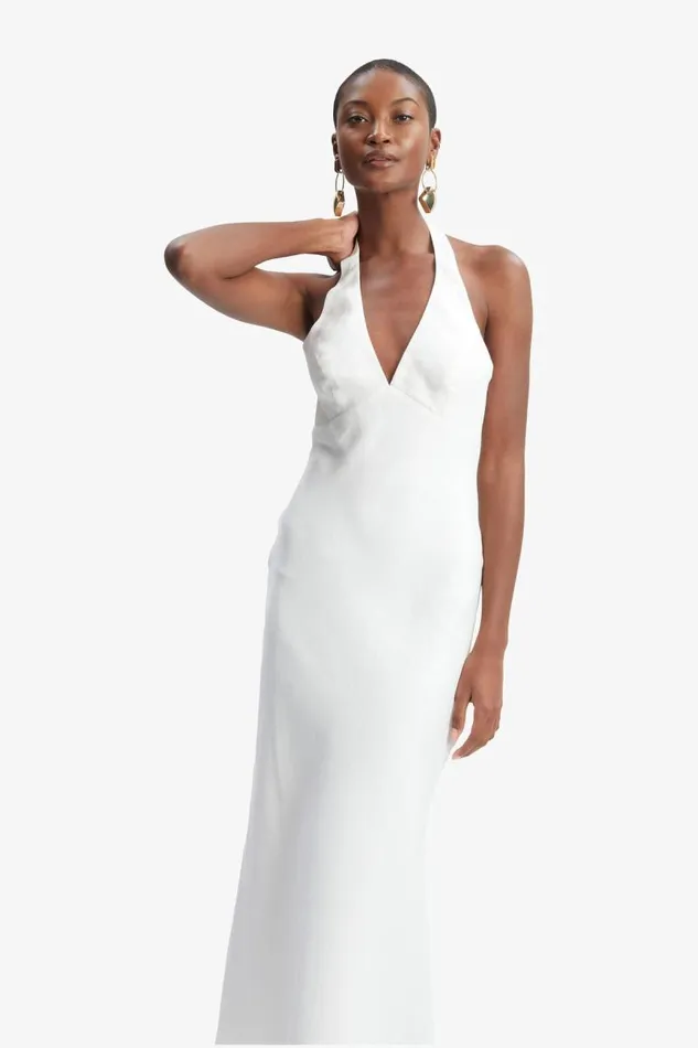 Women Day To Night Dresses Bardot Paola Halter Linen Midi Dress In Orchid White Orchid White