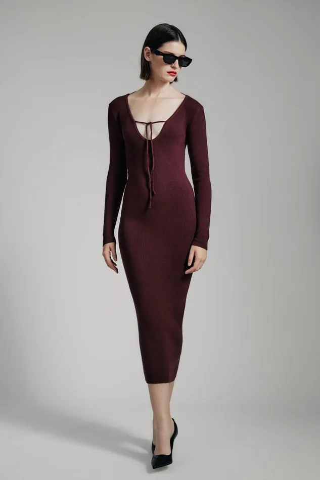 Women Day To Night Dresses Bardot Verona Knit Midi Dress In Burgundy Burgundy