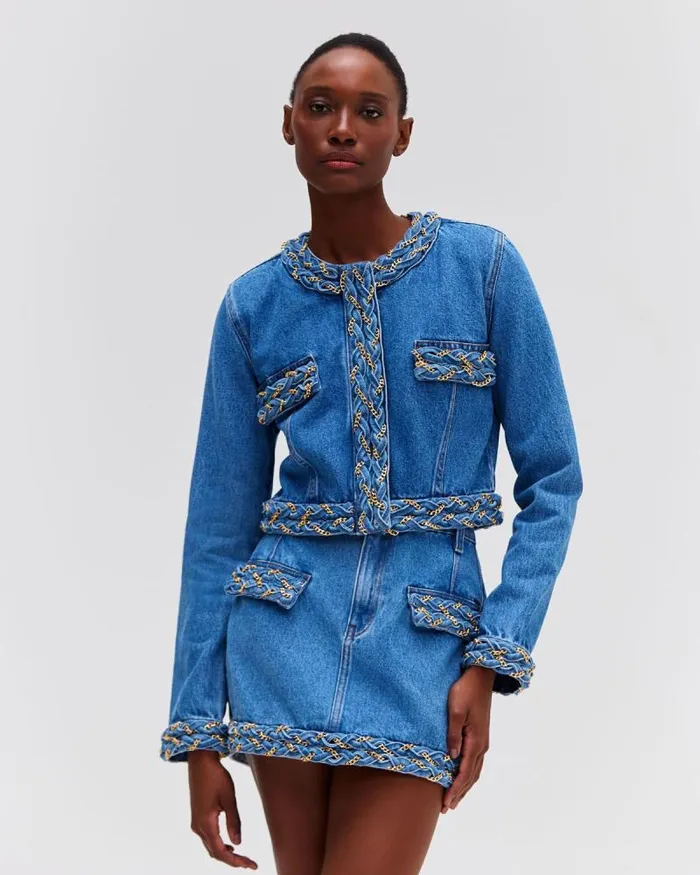 Women Denim PatBO Braided Denim Cropped Jacket Denim
