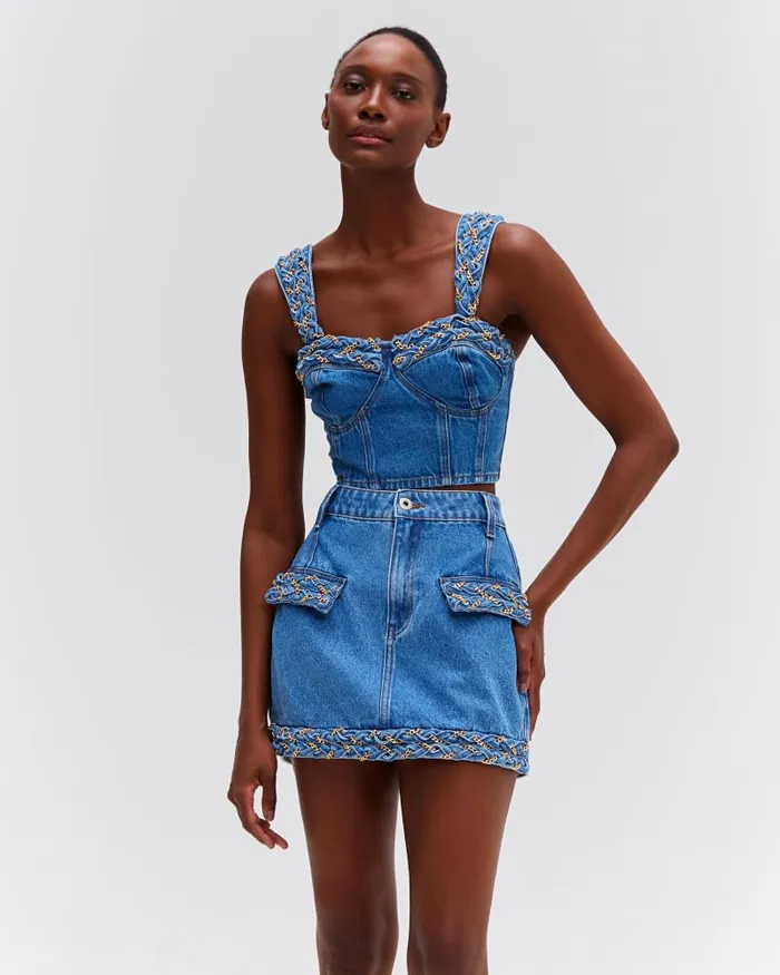 Women Denim PatBO Braided Denim Mini Skirt Denim