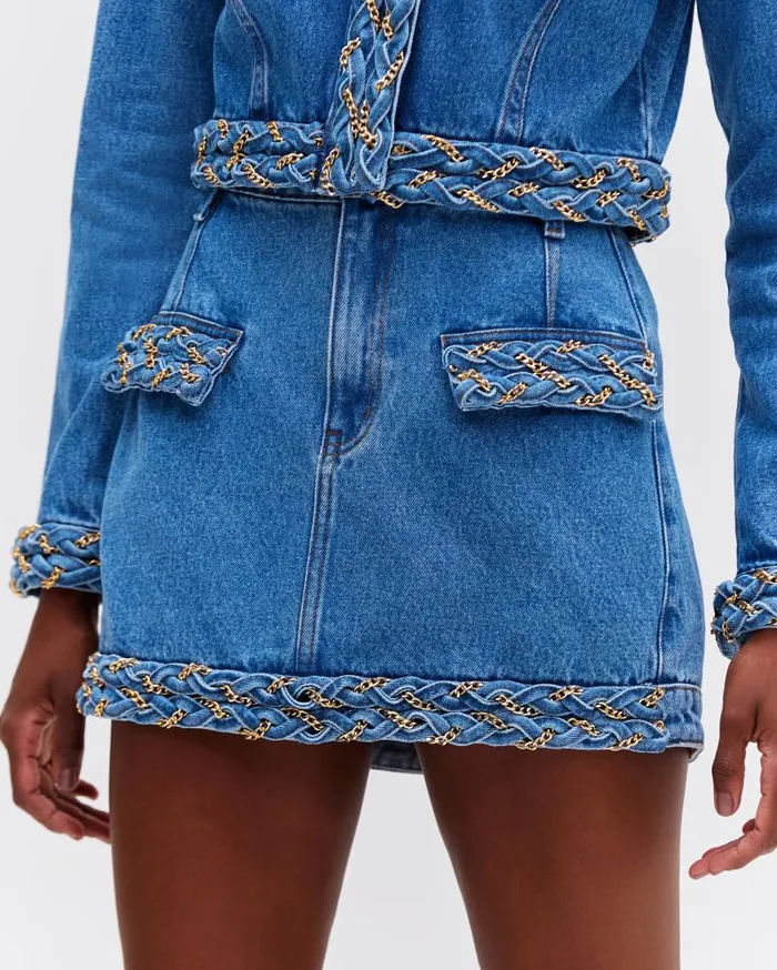 Women Denim PatBO Braided Denim Mini Skirt Denim