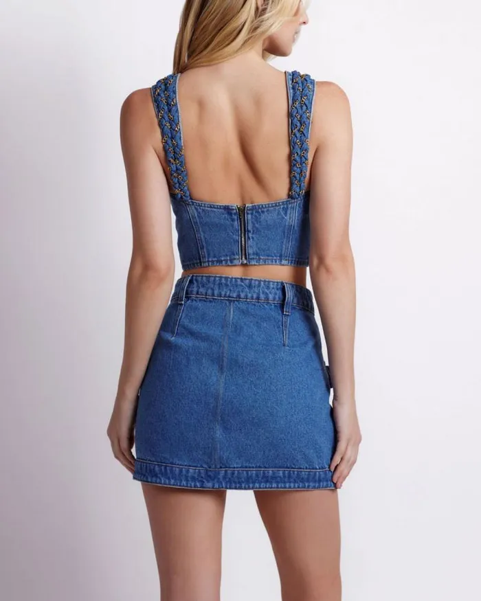 Women Denim PatBO Braided Denim Mini Skirt Denim