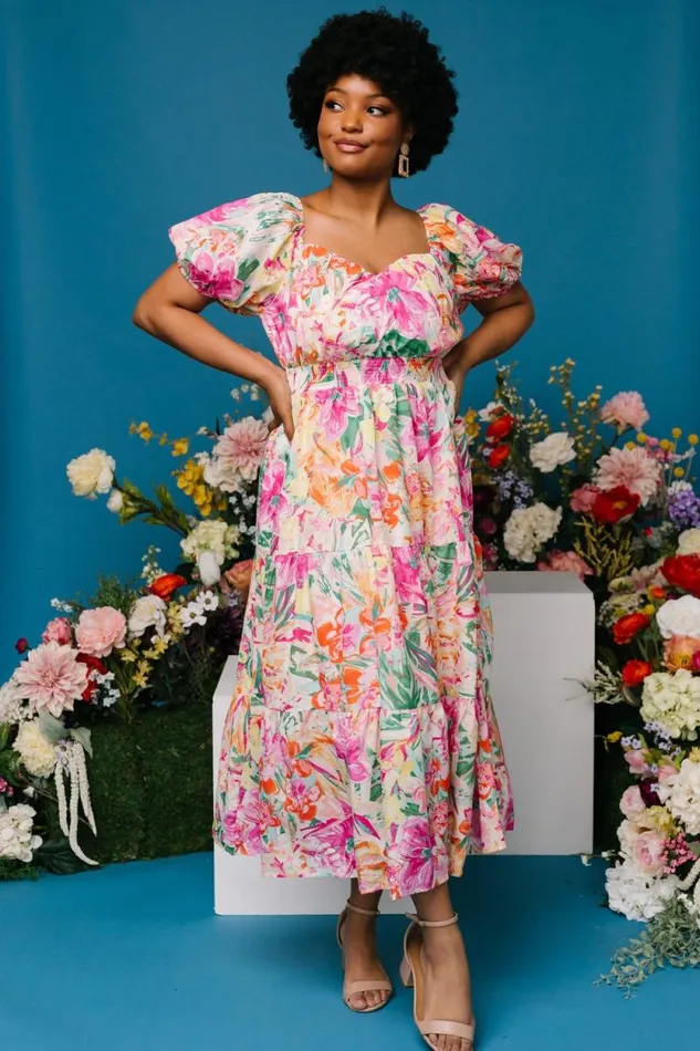 Women Denzel Puff Sleeve Midi Dress Multi Floral Baltic Born Midi Dresses