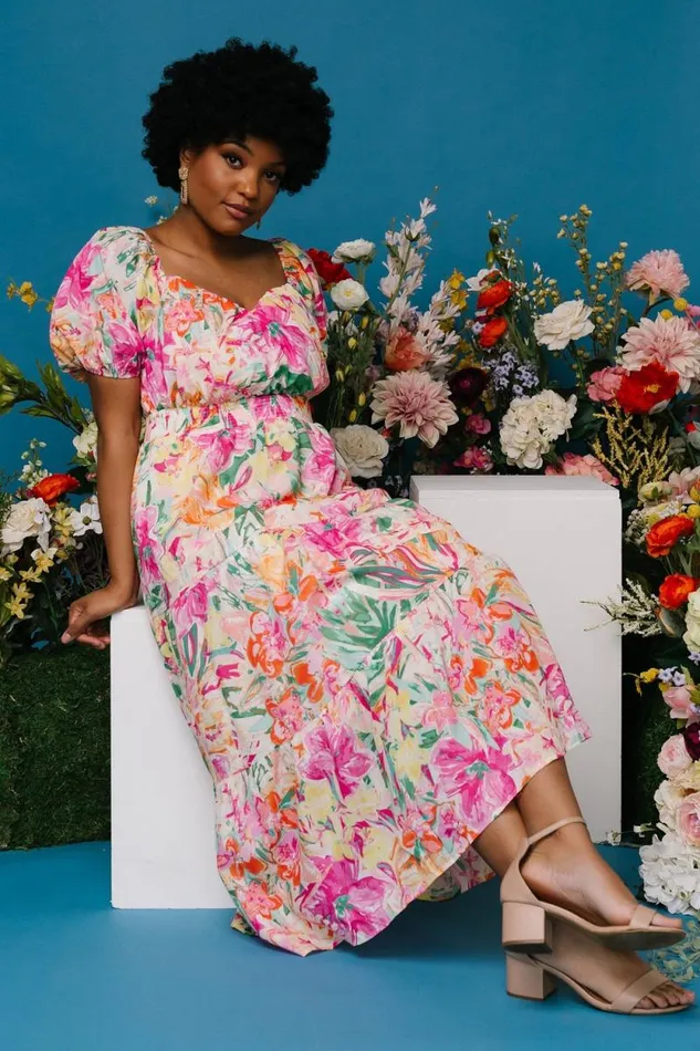 Women Denzel Puff Sleeve Midi Dress Multi Floral Baltic Born Midi Dresses
