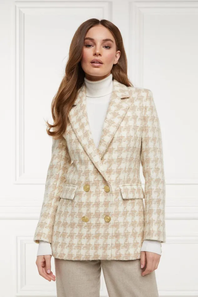 Women Double Breasted Blazer Camel Houndstooth Holland Cooper Tailoring