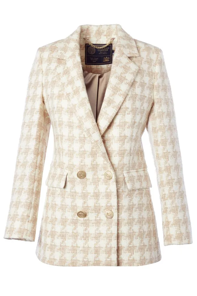 Women Double Breasted Blazer Camel Houndstooth Holland Cooper Tailoring