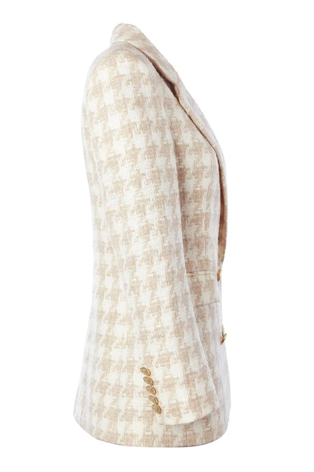Women Double Breasted Blazer Camel Houndstooth Holland Cooper Tailoring