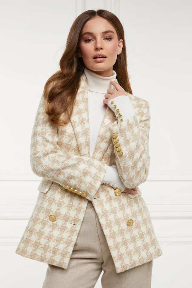 Women Double Breasted Blazer Camel Houndstooth Holland Cooper Tailoring