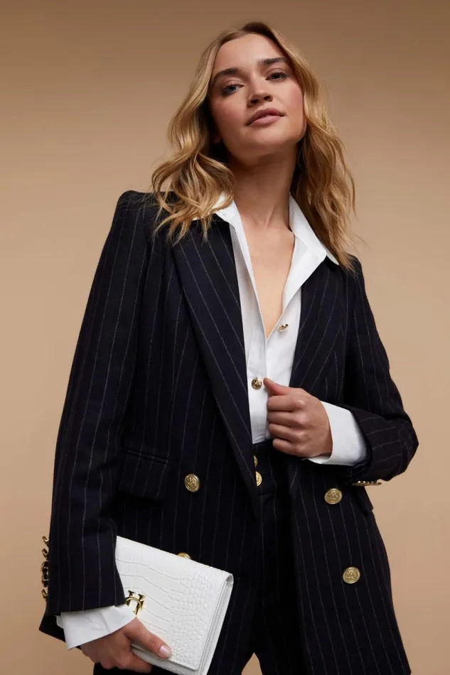 Women Double Breasted Blazer Navy Chalk Pinstripe Holland Cooper Blazers
