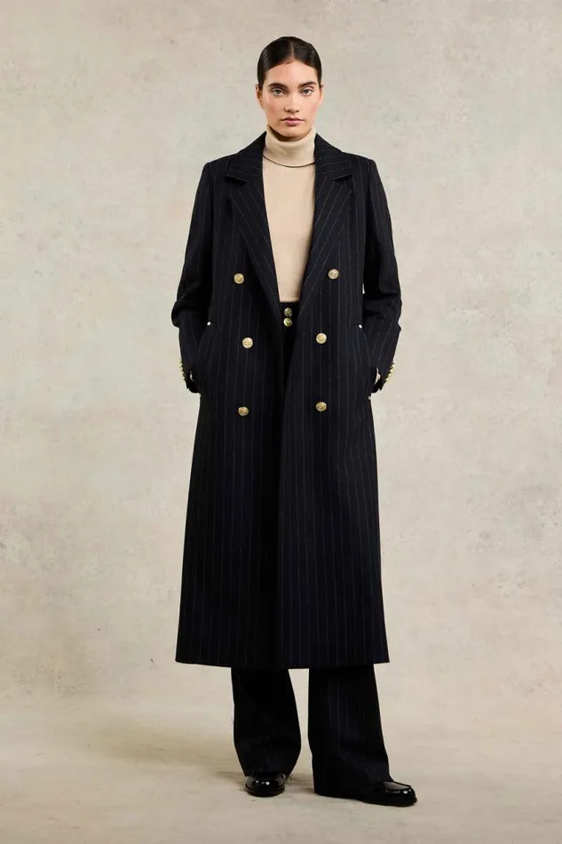 Women Double Breasted Coat Dark Navy Pinstripe Holland Cooper Coats