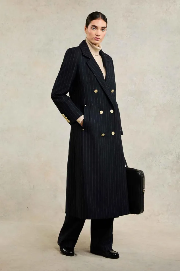 Women Double Breasted Coat Dark Navy Pinstripe Holland Cooper Coats