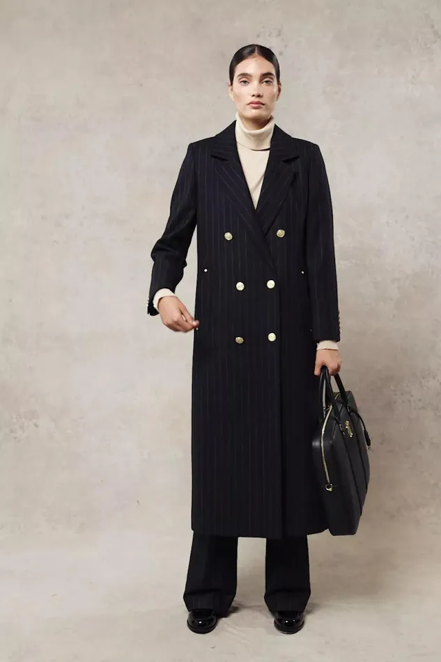 Women Double Breasted Coat Dark Navy Pinstripe Holland Cooper Coats