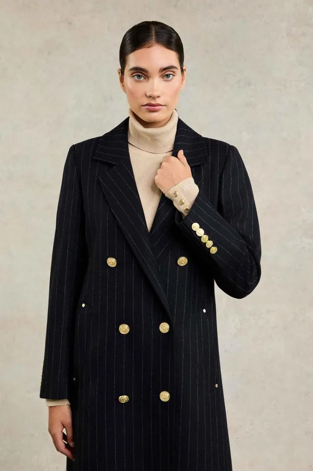 Women Double Breasted Coat Dark Navy Pinstripe Holland Cooper Coats