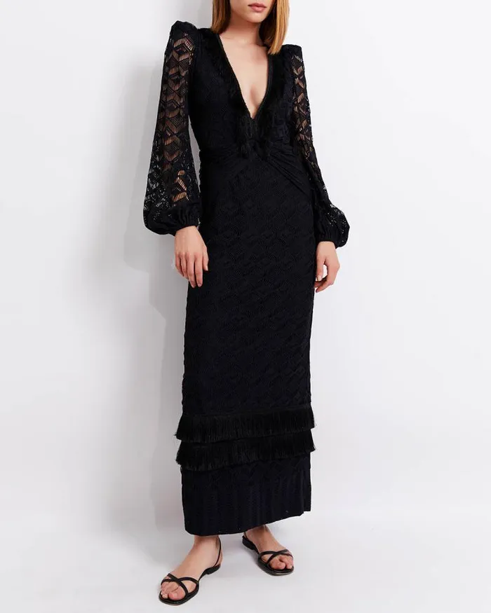 Women Dresses and Jumpsuits PatBO Crochet Plunge Fringe Trim Maxi Black