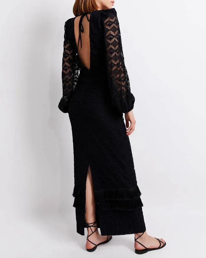 Women Dresses and Jumpsuits PatBO Crochet Plunge Fringe Trim Maxi Black