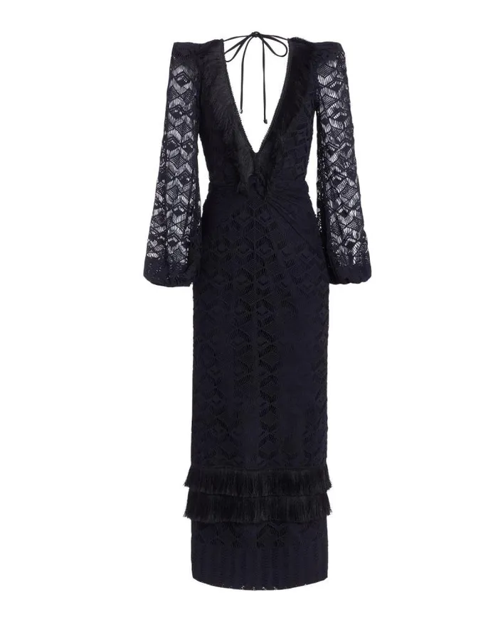 Women Dresses and Jumpsuits PatBO Crochet Plunge Fringe Trim Maxi Black