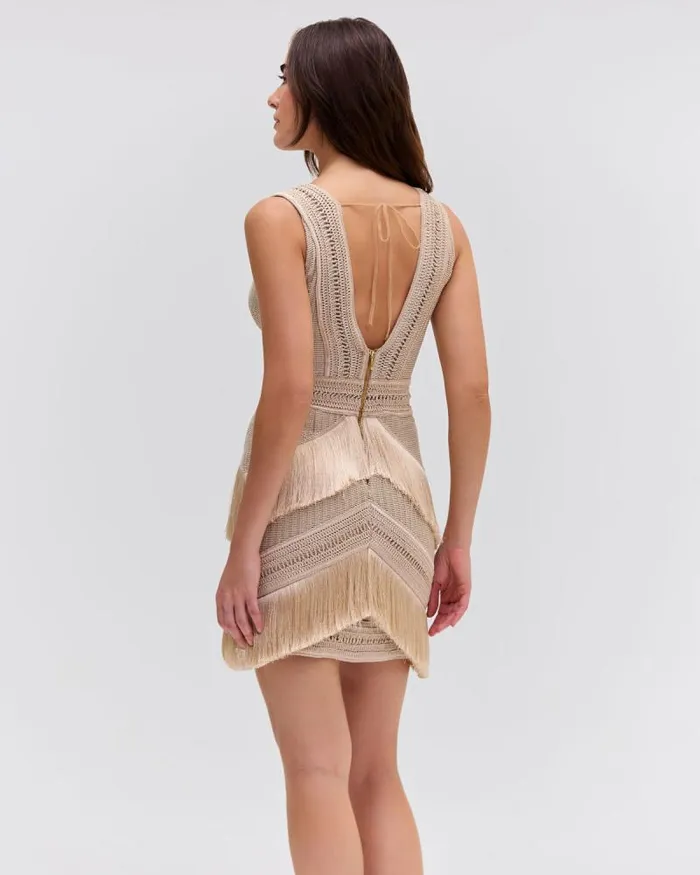 Women Dresses and Jumpsuits PatBO Deep VNeck Fringe Mini Dress Clay