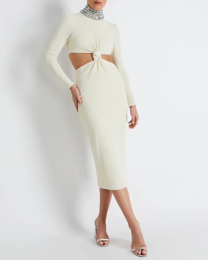 Women Dresses and Jumpsuits PatBO KNIT MIDI DRESS WITH EMBELLISHED COLLAR FINAL SALE Bone