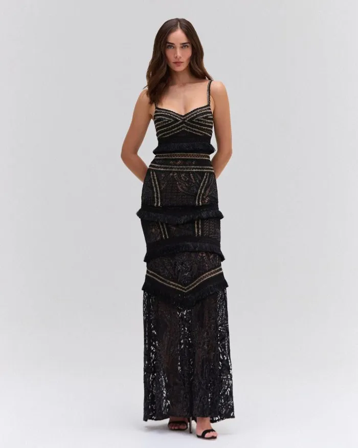 Women Dresses and Jumpsuits PatBO LACE AND FRINGE MAXI DRESS Black