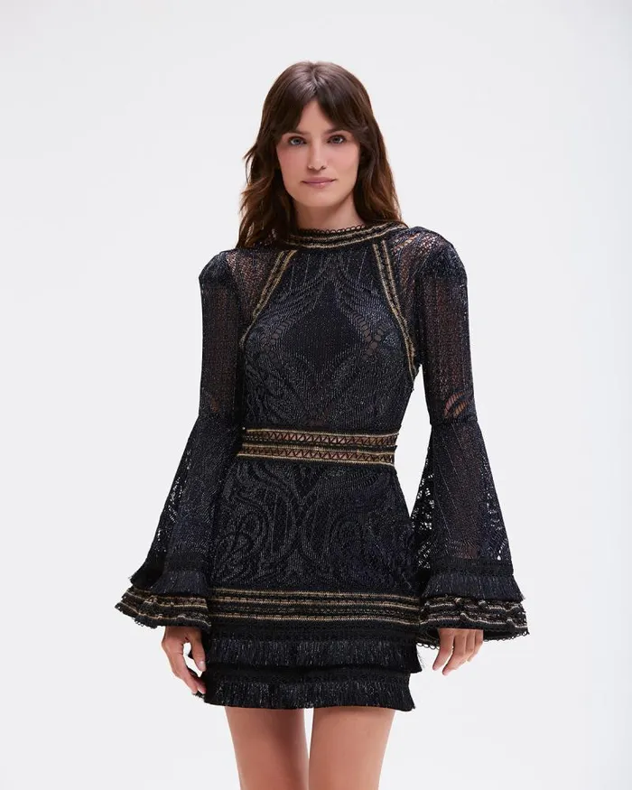 Women Dresses and Jumpsuits PatBO LACE AND FRINGE MINI DRESS Black