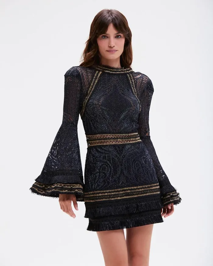 Women Dresses and Jumpsuits PatBO LACE AND FRINGE MINI DRESS Black