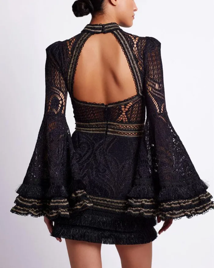 Women Dresses and Jumpsuits PatBO LACE AND FRINGE MINI DRESS Black