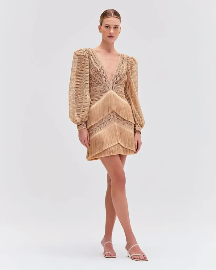 Women Dresses and Jumpsuits PatBO Long Sleeve Fringe Mini Dress Gold