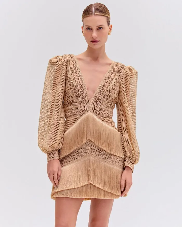 Women Dresses and Jumpsuits PatBO Long Sleeve Fringe Mini Dress Gold