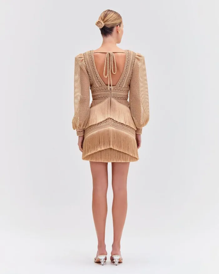 Women Dresses and Jumpsuits PatBO Long Sleeve Fringe Mini Dress Gold