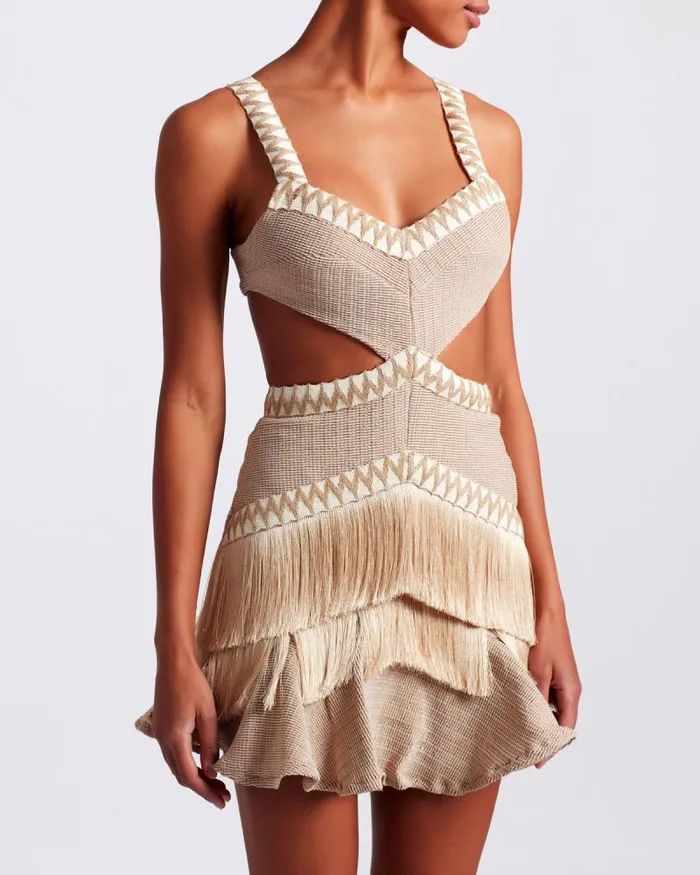 Women Dresses and Jumpsuits PatBO Metallic Knit Mini Dress With Fringe Trim Clay Women Dresses and Jumpsuits PatBO Metallic Knit Mini Dress With Fringe Trim Clay
